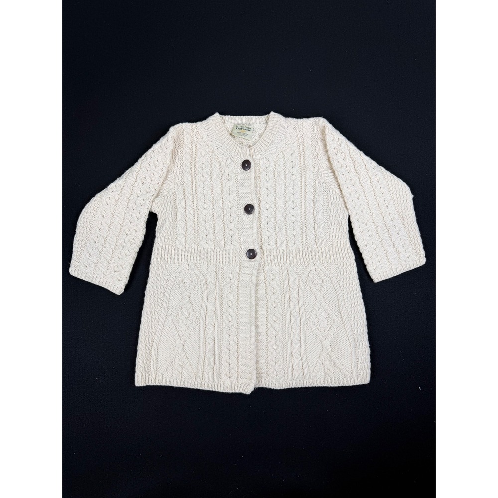 Kilronan Knitwear Irish 100% Merino Wool Cable Knit Cardigan Cream Womens XS